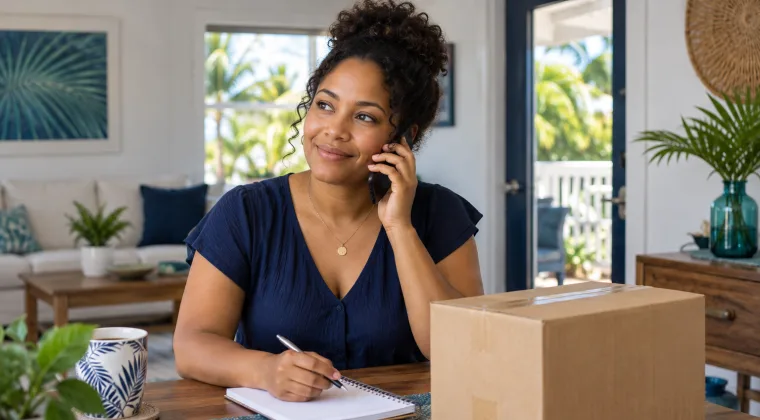 A customer calling with shipping questions and keeping notes beside a parcel