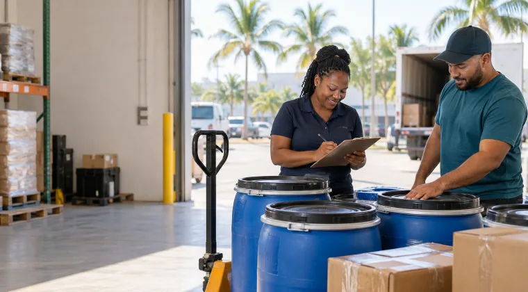 Warehouse staff checking barrels and packages before dispatch