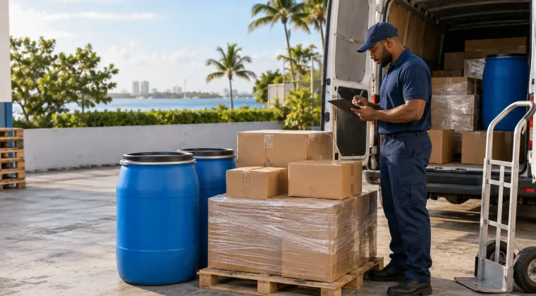 Shipping barrels and cartons ready for dispatch beside a delivery van