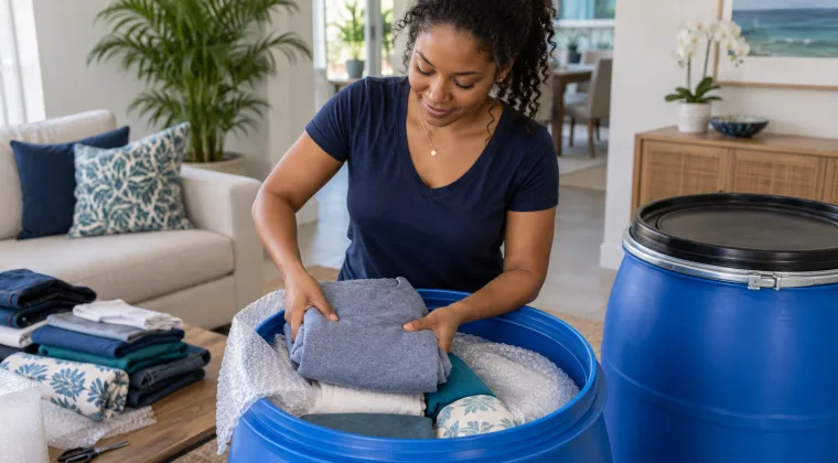 Household items being packed into a barrel before shipping