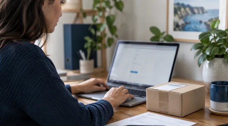 A customer using a laptop beside a package to arrange shipping online